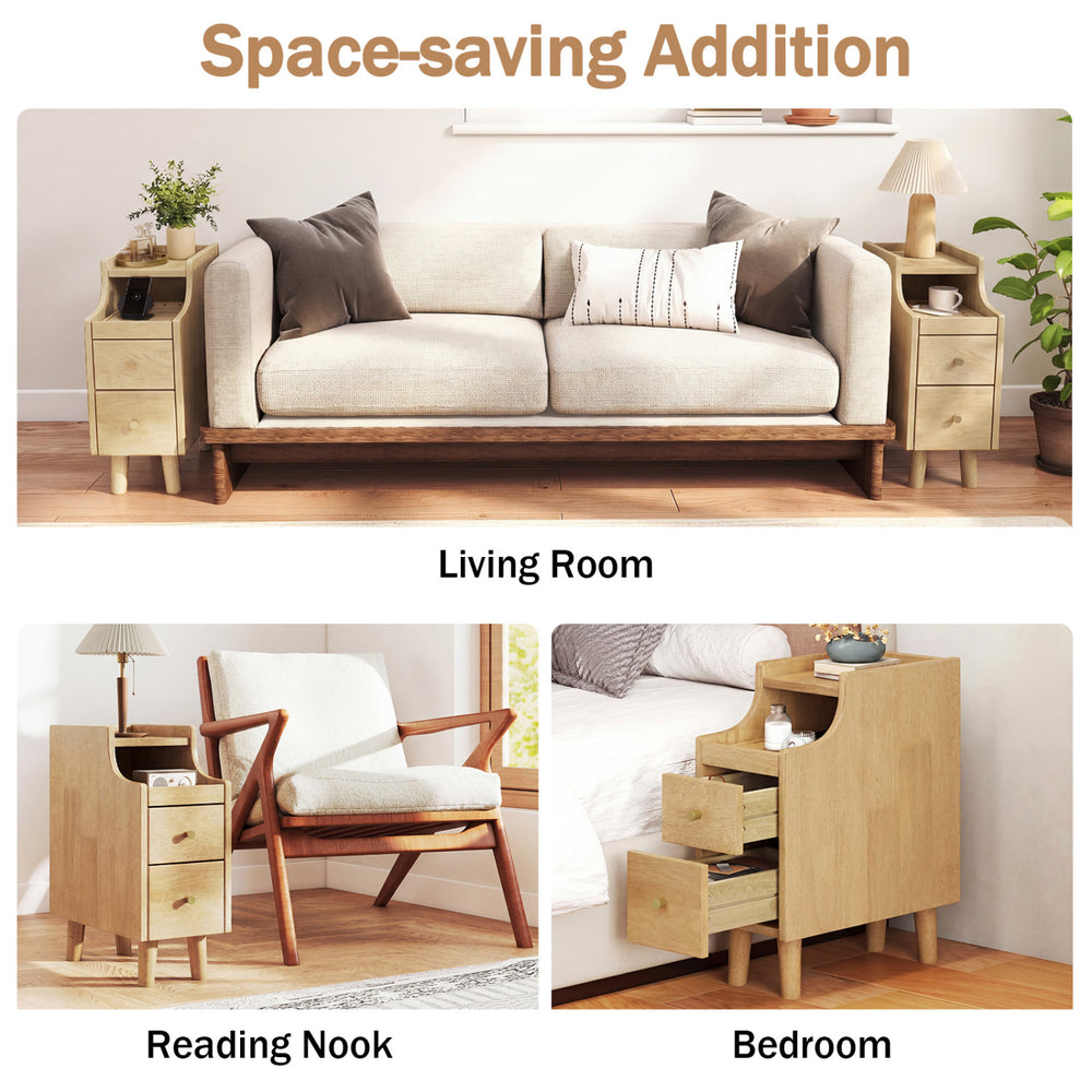 Set of 2 solid wood night side tables in natural finish with pull-out tray and 2 storage drawers for bedroom or living.