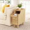 Solid wood night side table in natural finish with pull-out tray and two storage drawers, perfect for bedroom use.