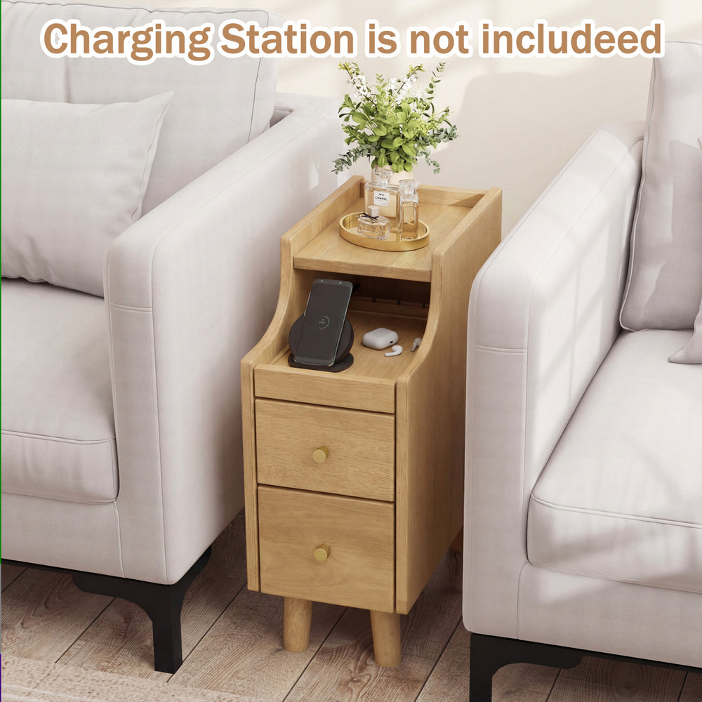 Solid wood night side table with pull-out tray and two storage drawers in natural finish, ideal for bedroom use.