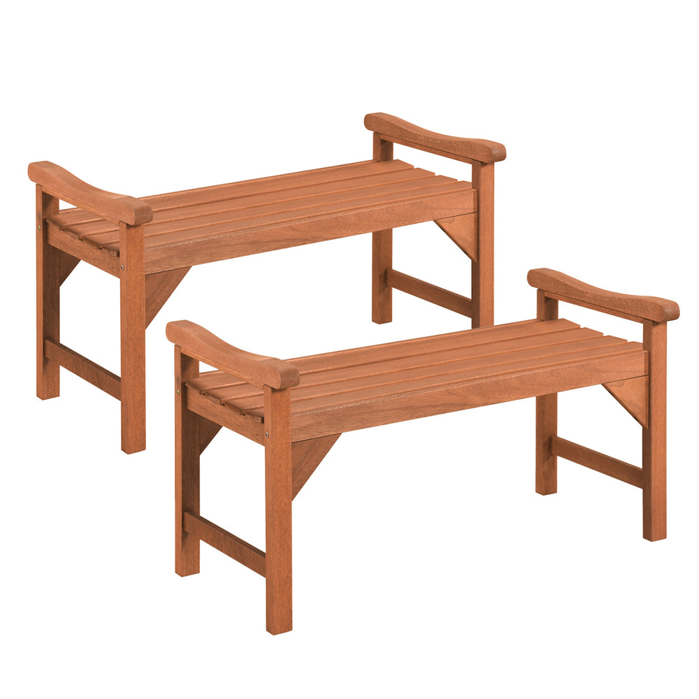 Set of 2 solid wood backless garden benches with ergonomic curved seats, ideal for outdoor spaces like porches and decks.