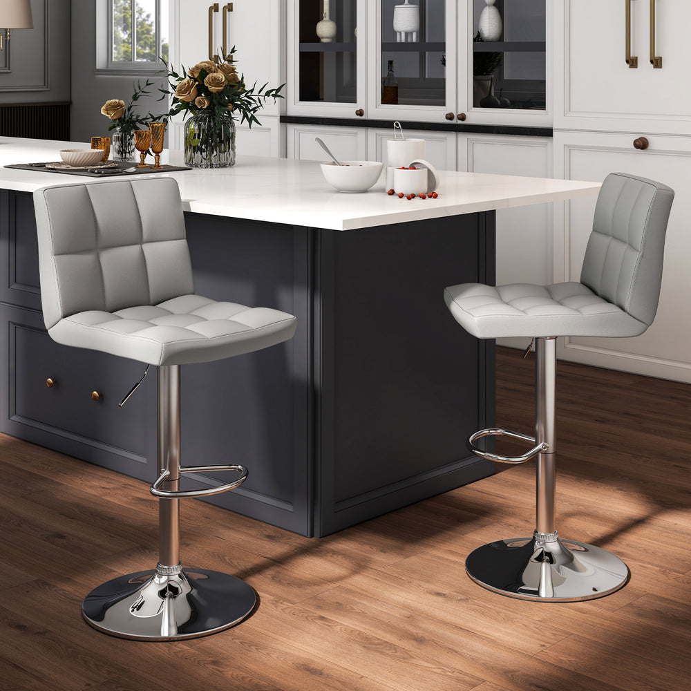 Set of 2 gray swivel adjustable bar stools with backrest and footrest, featuring modern design for kitchen islands.