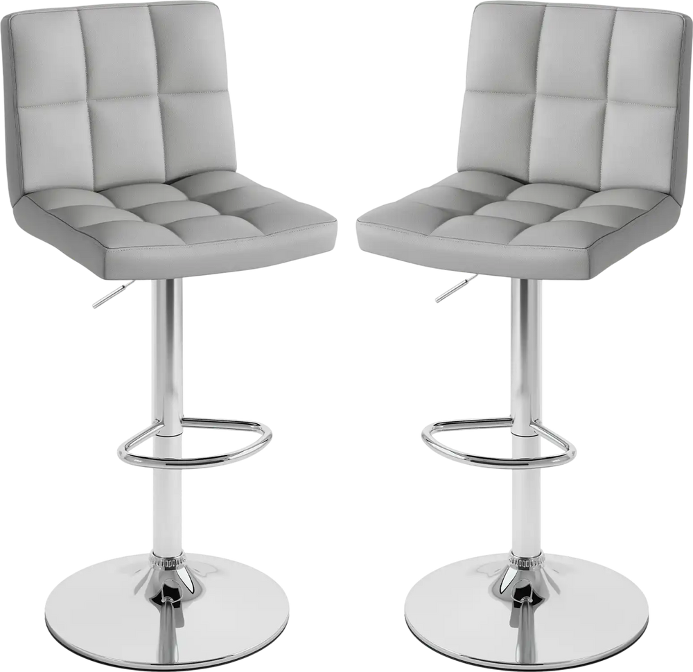 Set of 2 gray square swivel adjustable bar stools with backrest and footrest, featuring modern design and ergonomic.