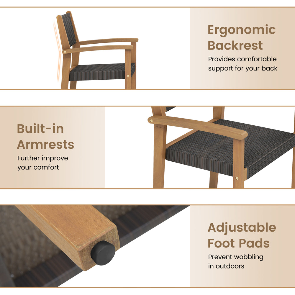 Ergonomic backrest and curved armrests of stackable outdoor wicker dining chair for enhanced comfort and support.