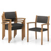 Set of 2 stackable outdoor wicker dining chairs with brown PE rattan and acacia wood frame, ideal for backyard use.