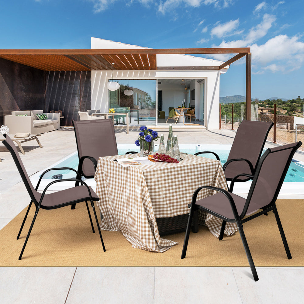 Stackable brown patio dining chairs with armrests, featuring ergonomic design and lightweight structure for outdoor use.