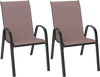 Set of 2 stackable patio dining chairs with ergonomic armrests, brown fabric, and sturdy anti-rust steel frame.