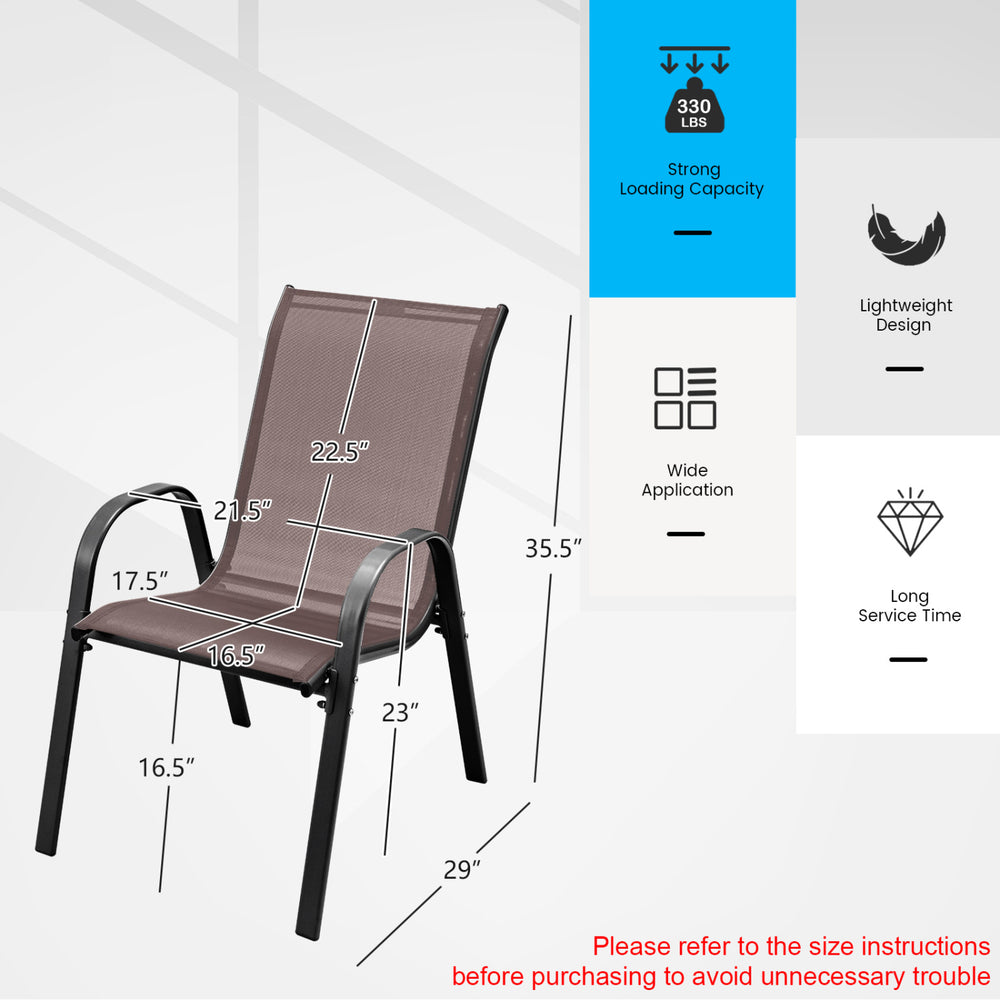 Stackable patio dining chair set with armrests, lightweight design, and breathable fabric for outdoor use.