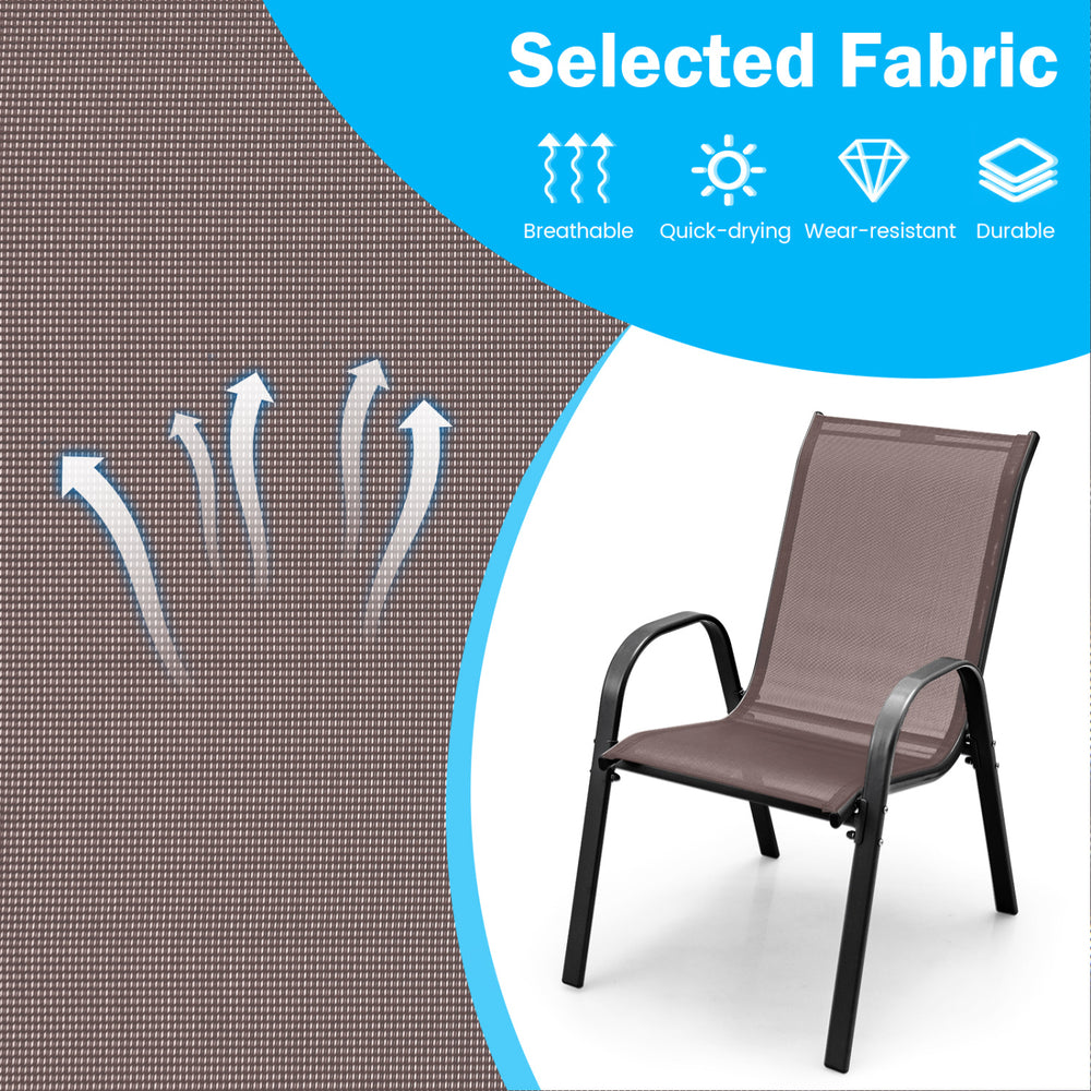Close-up of breathable fabric on a stackable patio dining chair set with ergonomic armrest, ideal for outdoor use.