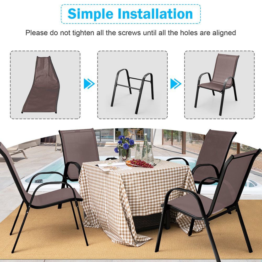 Stackable brown patio dining chairs with armrests, featuring ergonomic design and sturdy steel frame for outdoor use.