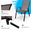 Stackable patio dining chair with ergonomic armrest, breathable fabric, and rustproof steel frame for outdoor use.