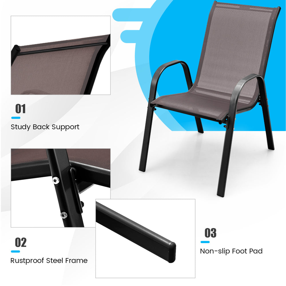 Stackable patio dining chair with ergonomic armrest, breathable fabric, and rustproof steel frame for outdoor use.