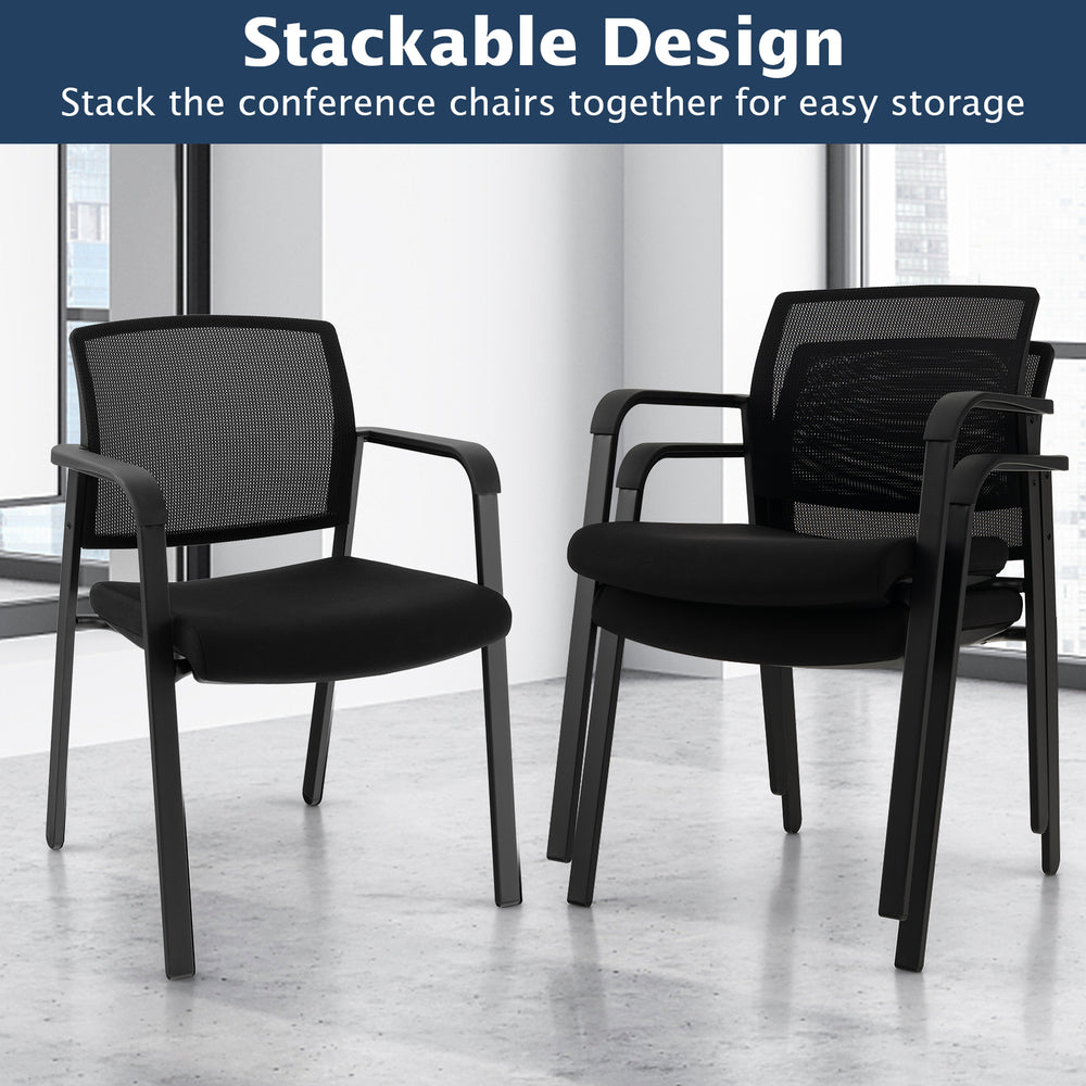 Set of 2 stackable reception chairs with padded seat and ergonomic mesh backrest for easy storage and comfort.