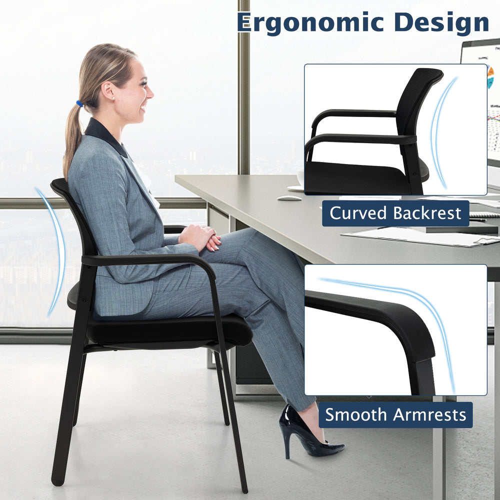 Stackable reception chair with ergonomic curved backrest and padded seat, designed for comfort and easy storage.