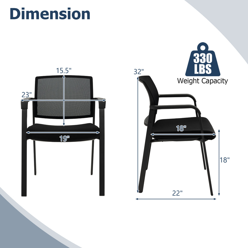 Dimensions of stackable reception room chairs with padded seat, black, featuring ergonomic design and heavy-duty frame.