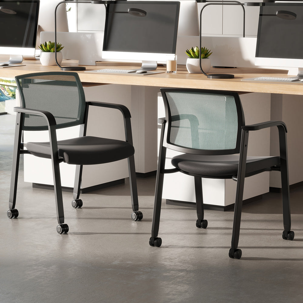 Set of 2 stackable rolling office chairs with gray mesh backrest and padded seats, ideal for comfortable workspace use.