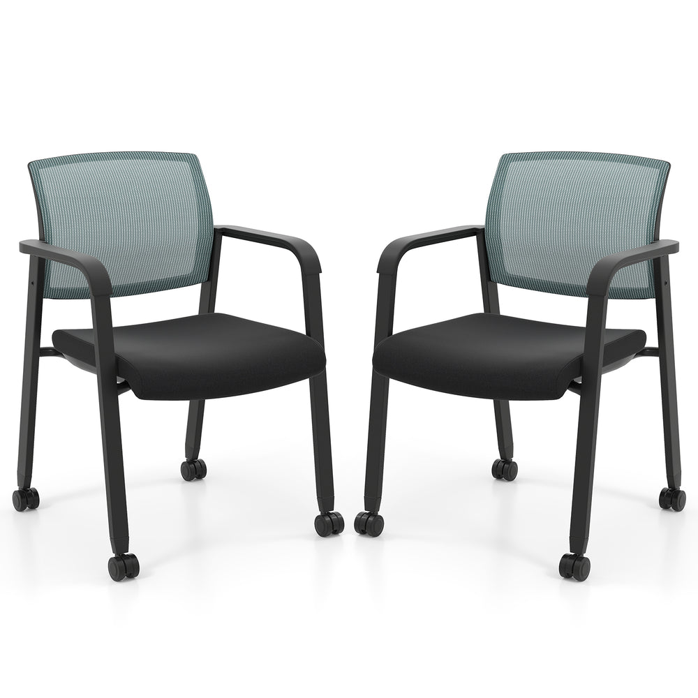 Set of 2 stackable rolling office chairs with gray mesh backrest and padded seats, ideal for comfortable workspace.