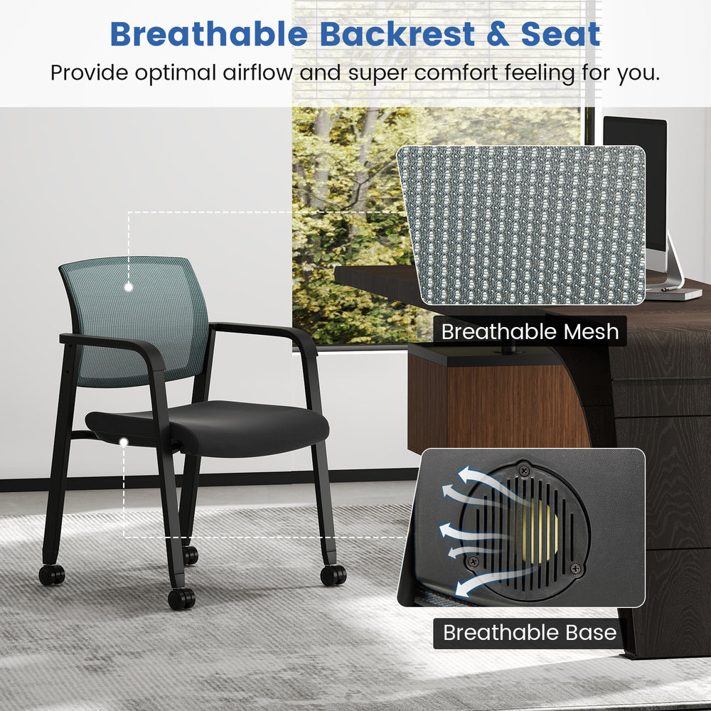 Stackable rolling office chair with gray mesh backrest and padded seat, designed for comfort and easy mobility.