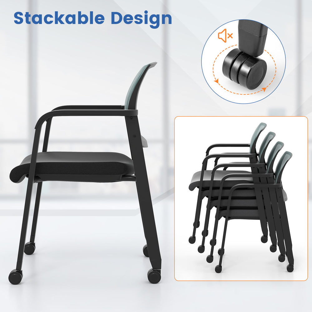 Stackable rolling office chair with gray mesh backrest and padded seat, designed for comfort and easy storage.