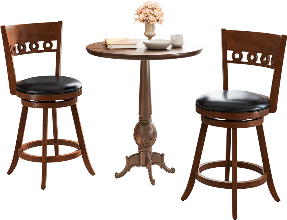 Set of 2 swivel bar stools with rubber wood frame and black PVC leather seats, perfect for kitchen counters or bar.
