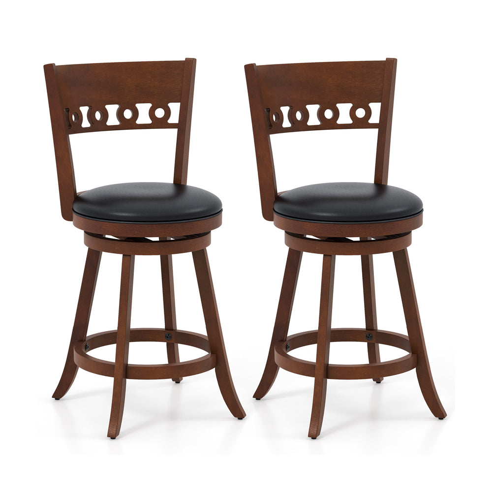 Set of 2 swivel bar stools with rubber wood frame, 360° swivel design, and PVC leather seat for stylish comfort.