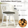 Swivel bar stool with a solid rubber wood frame, upholstered seat cushion, and ergonomic backrest for comfort.