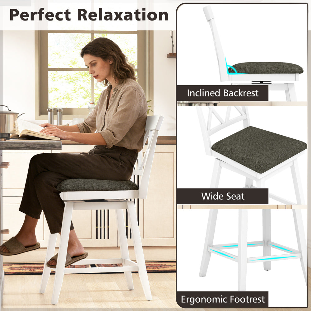 Swivel bar stool with upholstered seat cushion, ergonomic backrest, and footrest, perfect for dining areas and bars.