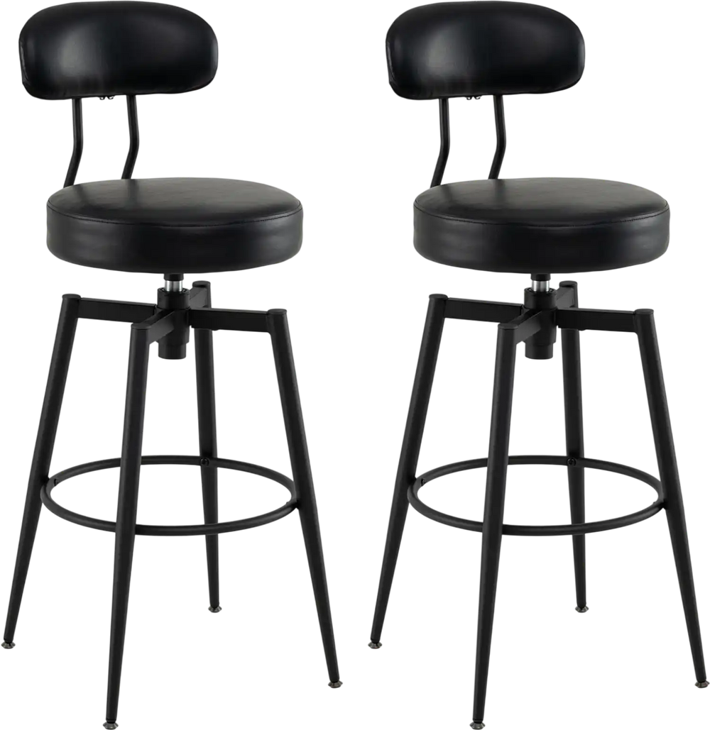 Set of 2 black swivel barstools with padded seats and backs, ideal for kitchens or pubs, featuring a sturdy metal frame.