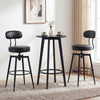 Set of 2 black swivel barstools with padded seats and curved backrests, perfect for modern kitchens or pubs.