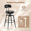 Barstool dimensions showing a black faux leather swivel seat, sturdy metal frame, and adjustable foot pads for kitchen.