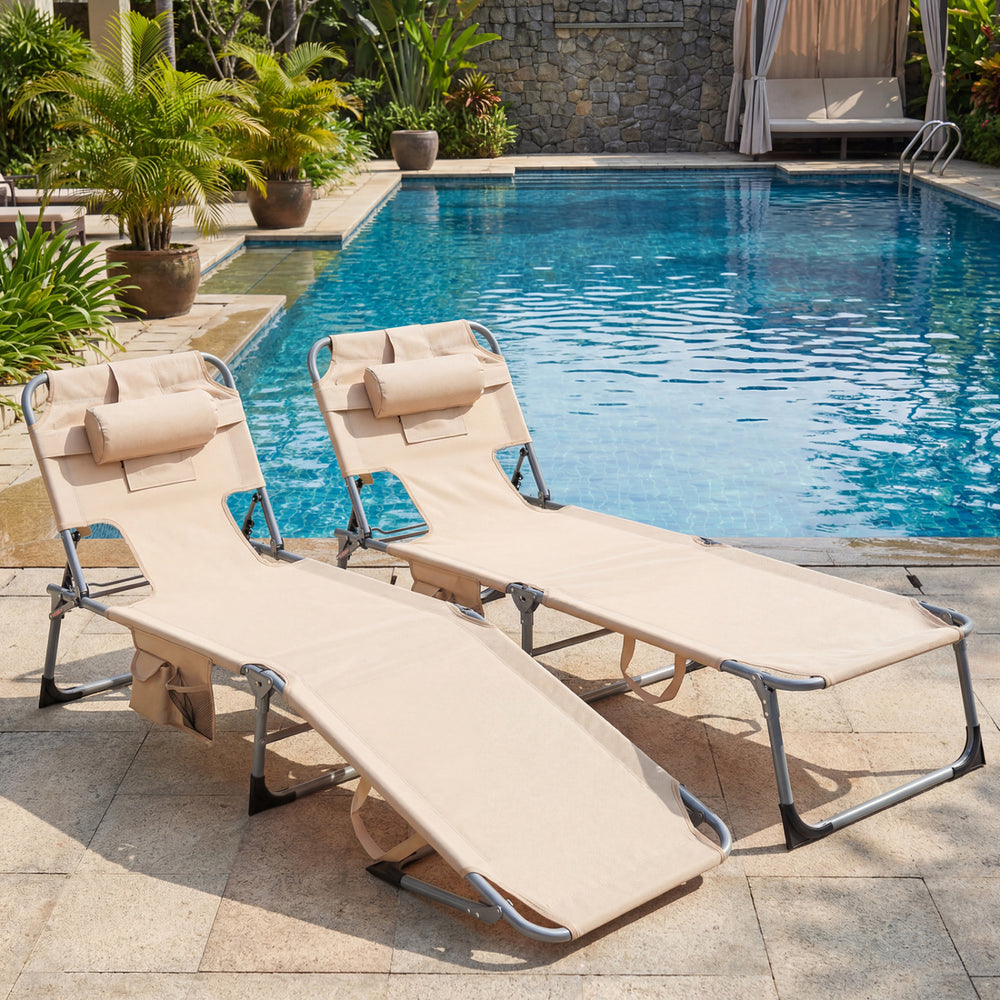 Set of 2 Tanning Chair Portable Chaise Lounge Chair with 4-Position Adjustable Backrest-Beige - Gallery View 1 of 9