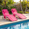 Set of 2 pink strip tanning chairs with face holes and adjustable backrests, perfect for poolside relaxation.