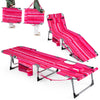 Portable pink strip tanning chair set with face hole, adjustable backrest, and side pocket for beach or poolside use.