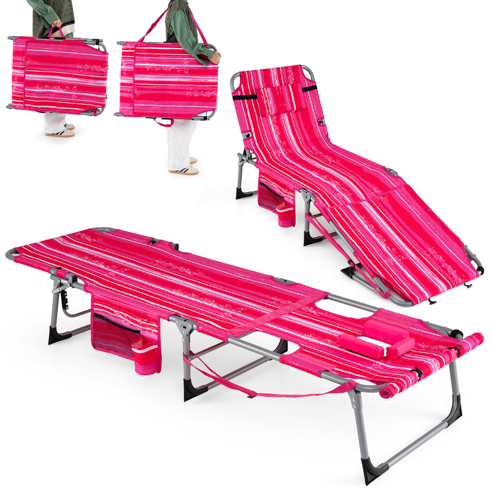 Portable pink strip tanning chair set with face hole, adjustable backrest, and side pocket for beach or poolside use.