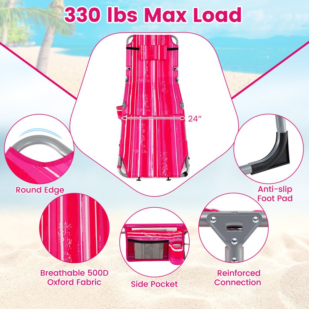Pink strip tanning chair with face hole, 4-level backrest, and breathable 500D Oxford fabric for beach relaxation.