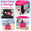 Portable tanning chair set in pink strip with adjustable backrest, face hole, and shoulder strap for easy transport.
