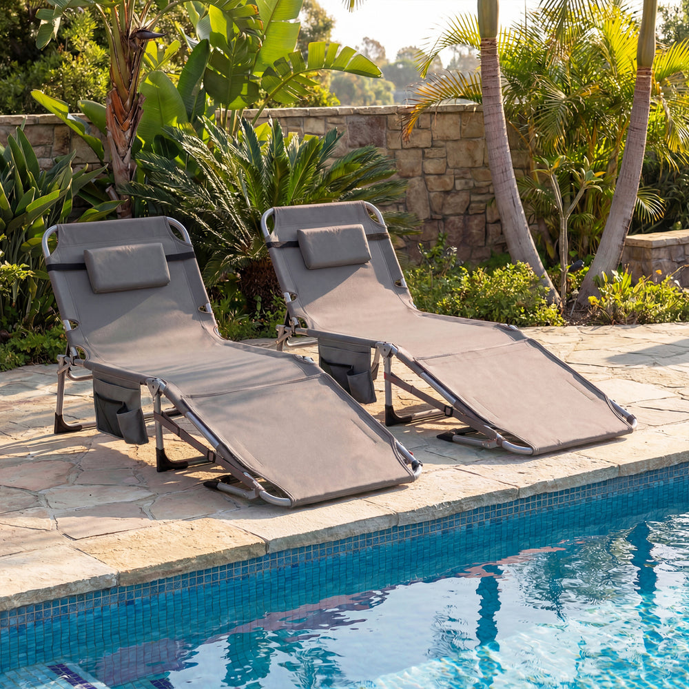 Set of 2 Tanning Chairs with Face Arm Holes Portable with 4-Level Backrest-Gray - Gallery View 1 of 9