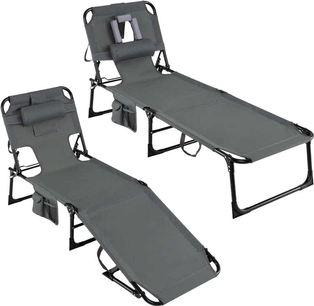 Set of 2 gray portable chaise lounge chairs with adjustable backrests, perfect for patio or poolside relaxation.