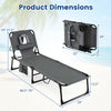 Adjustable gray tanning chair with face slots and storage pockets, compact design for easy transport and outdoor use.