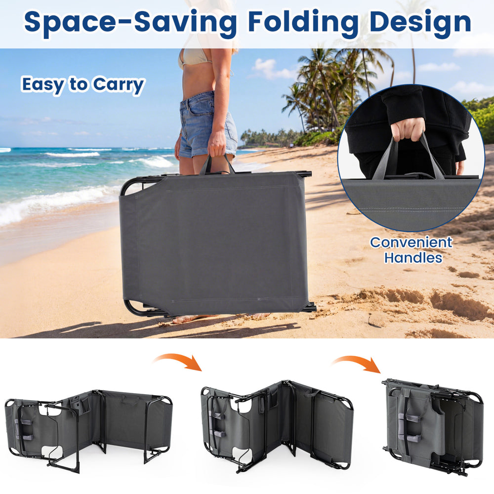 Portable gray tanning chair set with adjustable backrest, compact folding design, and convenient carry handles for.