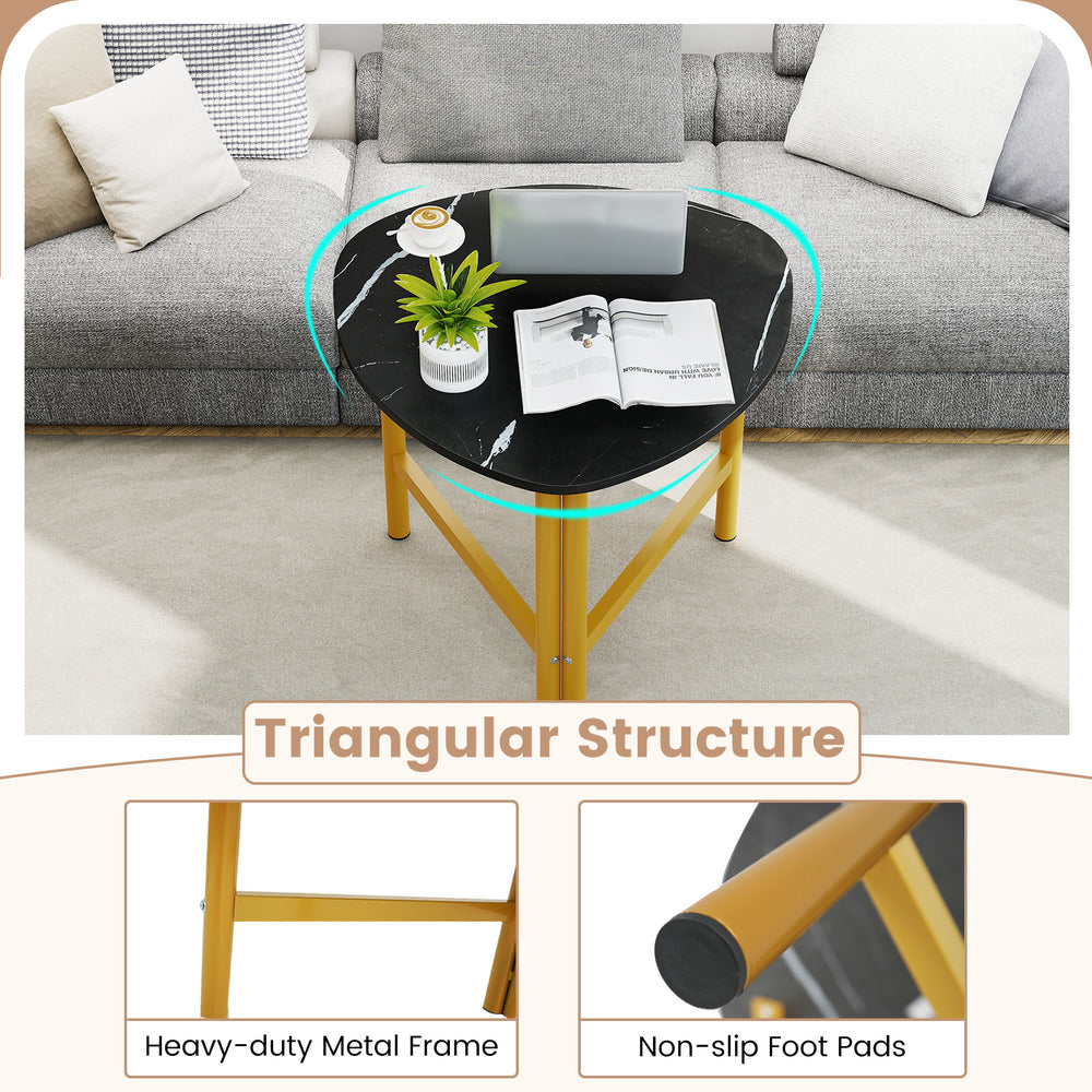Triangle coffee table set with black top and yellow metal legs, featuring a durable design and non-slip foot pads for.