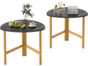 Set of 2 triangular coffee tables with black tops and yellow metal legs, perfect for versatile use in any space.