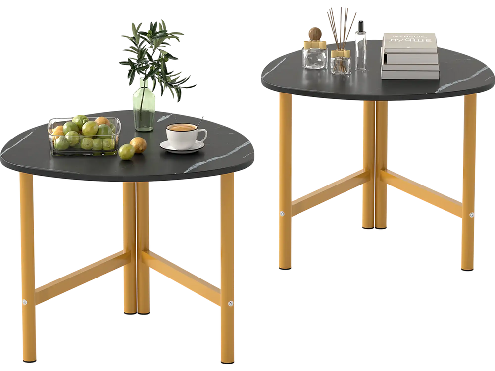 Set of 2 triangular coffee tables with black tops and yellow metal legs, perfect for versatile use in any space.