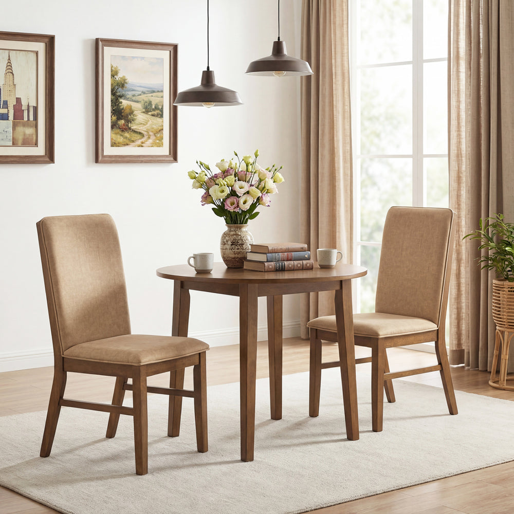 Upholstered dining chairs with solid rubber wood legs in brown, featuring high backrests and wide seats for comfort.