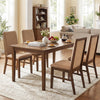 Upholstered dining chairs with solid rubber wood legs in brown, featuring breathable linen fabric and high backrests.