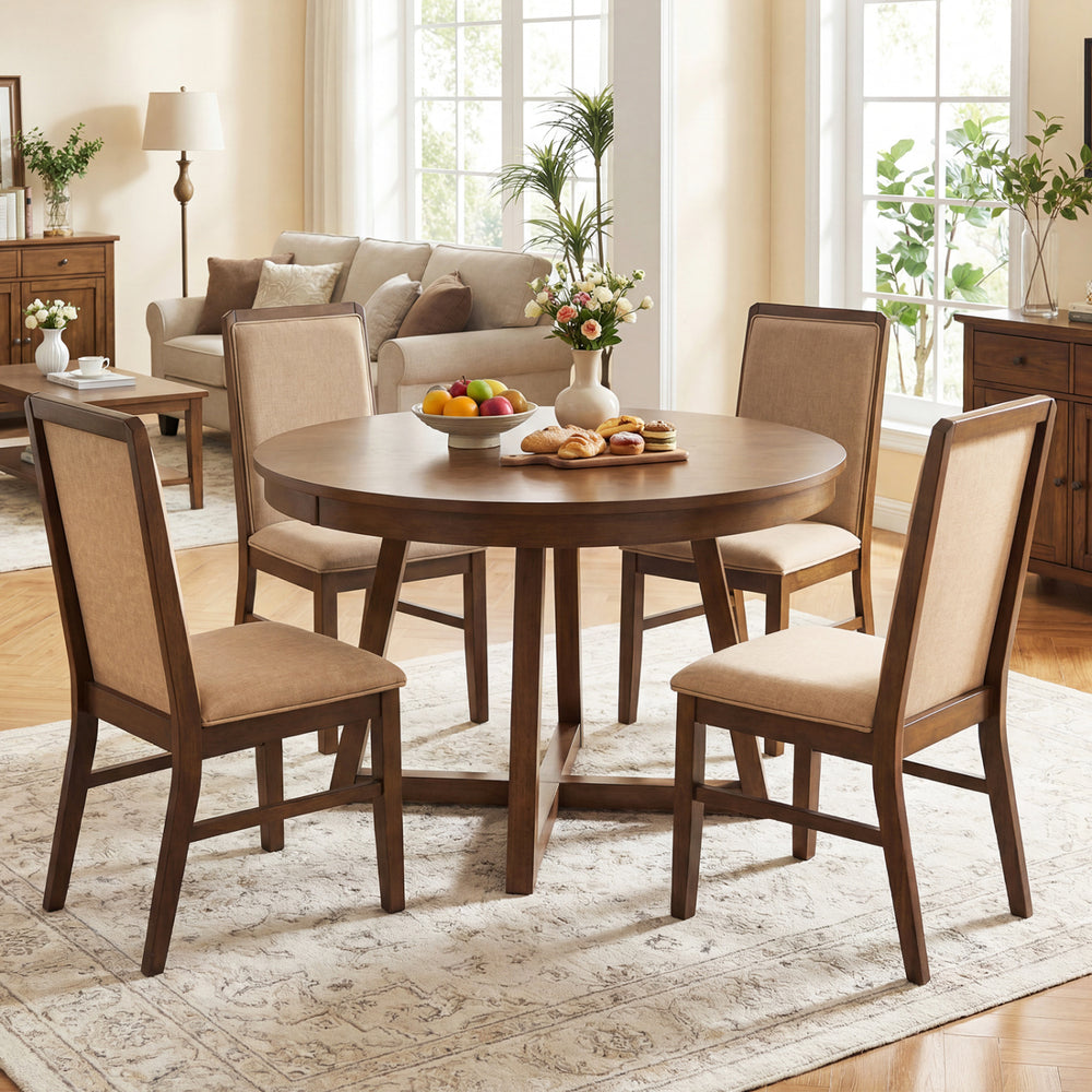 Round dining table set with upholstered chairs, showcasing brown fabric and solid rubber wood legs for a cozy dining.