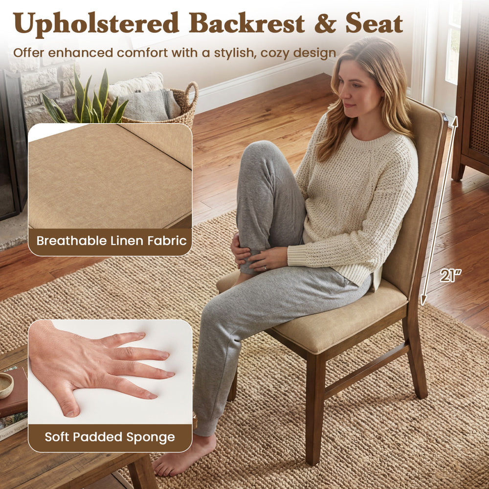Upholstered dining chair with breathable linen fabric and soft padded seat, featuring solid rubber wood legs for.