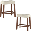 Set of 2 upholstered counter height bar stools with curved saddle seats, brown rubber wood frame, ideal for kitchen or.