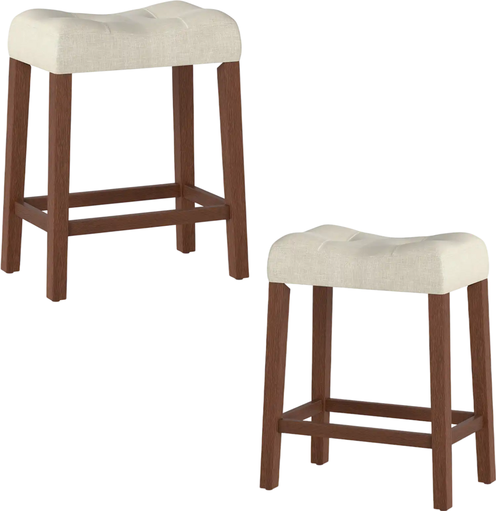 Set of 2 upholstered counter height bar stools with curved saddle seats, brown rubber wood frame, ideal for kitchen or.