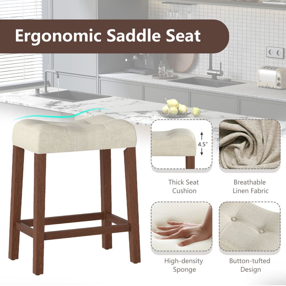 Curved saddle-seat bar stool with 4.5" thick cushion, brown rubber wood frame, ideal for kitchen or bar use.