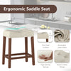 Curved saddle-seat bar stool with thick cushion, brown rubber wood frame, ideal for kitchen or living room use.